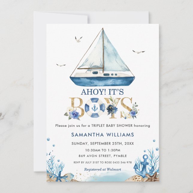 Nautical Boat Ahoy It's Boys Triplet Baby Shower Invitation (Front)
