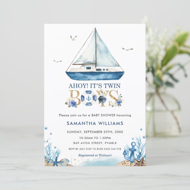 Nautical Boat Ahoy It's Twin Boys Baby Shower  Invitation (Standing Front)