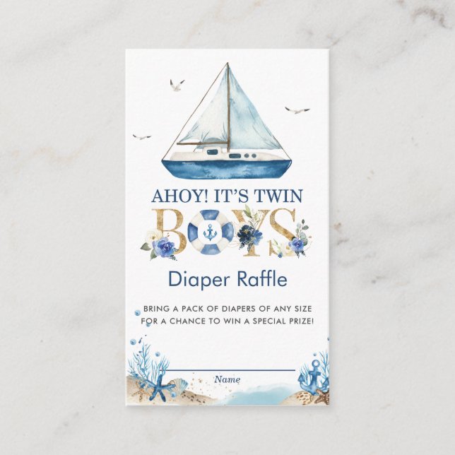 Nautical Boat Ahoy It's Twin Boys Diaper Raffle Enclosure Card (Front)