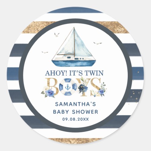 Nautical Boat Ahoy Its Twin Boys Shower Favor Classic Round Sticker