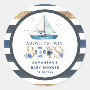 Nautical Boat Ahoy It's Twin Boys Shower Favor Classic Round Sticker