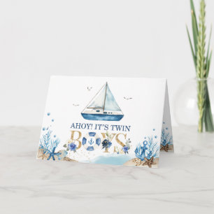 Nautical Boat Ahoy It's Twins Boys Baby Shower Letterpress Thank You Card