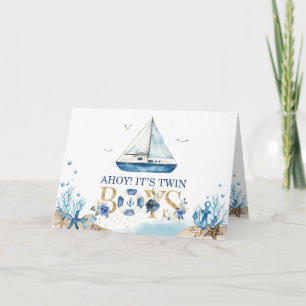 Nautical Boat Ahoy It's Twins Boys Baby Shower Thank You Card