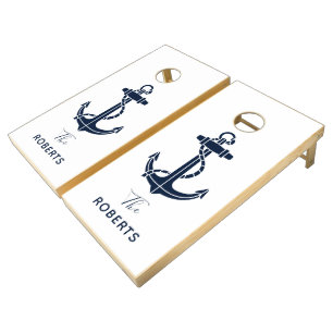 Nautical Boat Anchor and Name Script Custom Cornhole Set