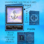 Nautical Boat Anchor and Seahorse Happy Birthday Card<br><div class="desc">The front of this card has a Kedge boat anchor, which is beautifully framed against a rustic and weathered ship lap background. The background has an abundance of wonderful ocean blues and is also on the inside and back of the card. Behind the anchor is a bright sky full of...</div>