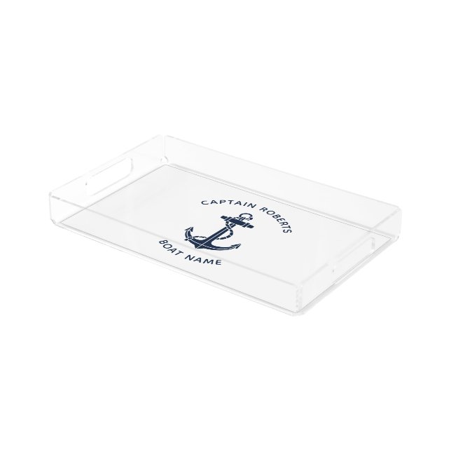 Nautical Boat Anchor Captain Name Custom Acrylic Tray (Angled)