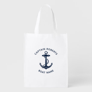 Nautical Boat Anchor Captain Name Custom Grocery Bag
