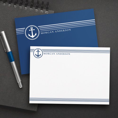 Nautical Boat Anchor Custom Name Navy Blue White Note Card