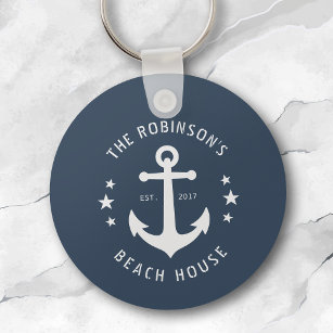 Nautical Boat Anchor Family Name Beach House Blue Keychain