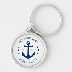 Nautical Boat Anchor Family Name Beach House White Keychain