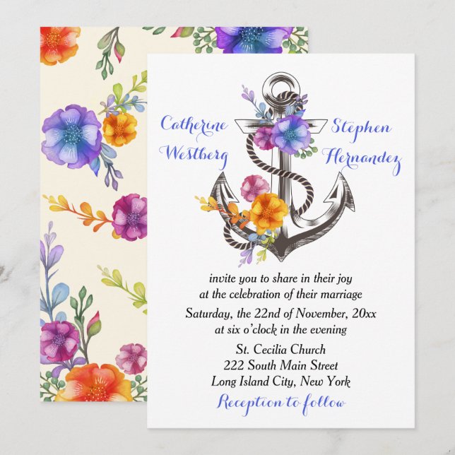 Nautical Boat Anchor Floral Blue Wedding Invitation (Front/Back)