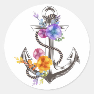 Nautical Boat Anchor Floral Classic Round Sticker
