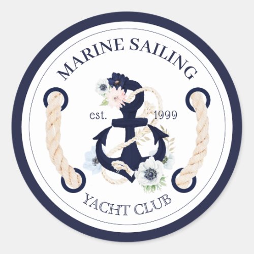 Nautical boat anchor marine bloom flowers logo 2 classic round sticker