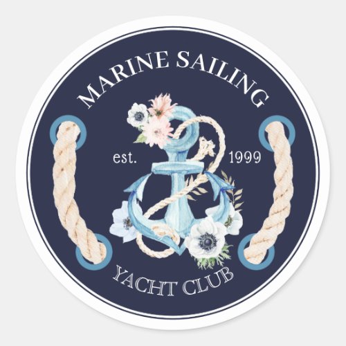 Nautical boat anchor marine bloom flowers logo classic round sticker