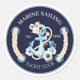 Nautical boat anchor marine bloom flowers logo classic round sticker