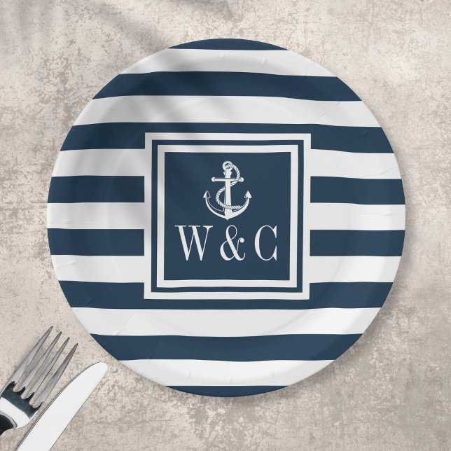 Nautical Boat Anchor Monogram Navy Blue Stripe Paper Plates (Creator Uploaded)