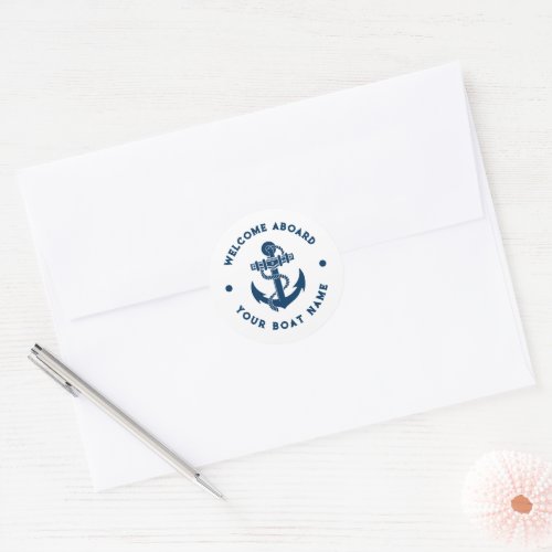 Nautical boat anchor navy blue and white classic round sticker