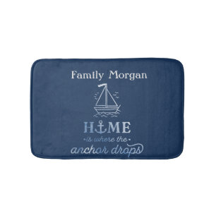 Nautical Boat Anchor Navy Blue Bath Mat