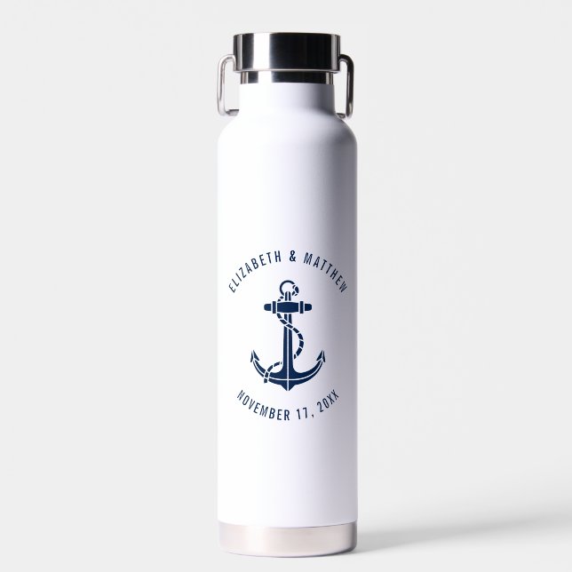 Nautical Boat Anchor Navy Blue Beach Wedding Water Bottle (Front)
