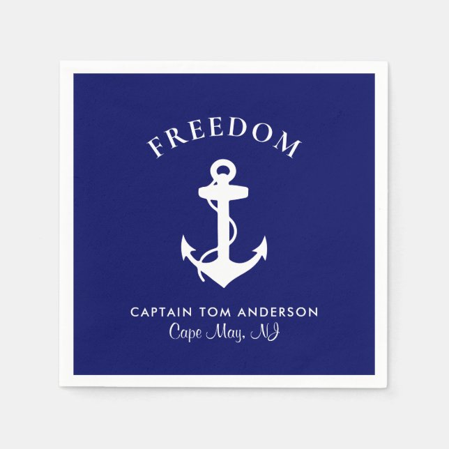 Nautical Boat Anchor Navy Blue Captain Family Name Napkins (Front)