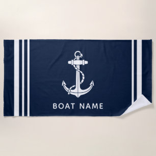 Nautical Boat Anchor Navy Blue Custom Beach Towel
