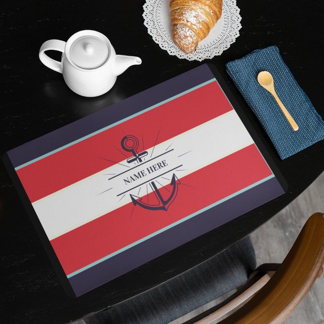 Nautical Boat Anchor Navy Blue Red White Cloth Placemat (Creator Uploaded)