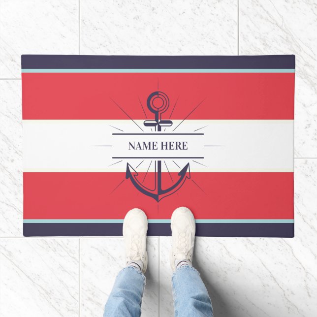 Nautical Boat Anchor Navy Blue Red White Doormat (Indoor)