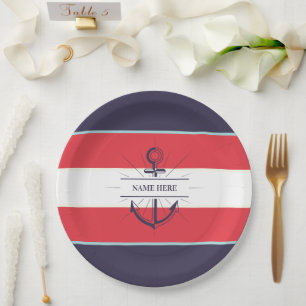 Nautical Boat Anchor Navy Blue Red White Paper Plates