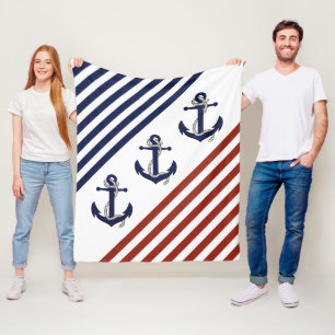 Nautical Boat Anchor/Navy blue/red/white stripes Fleece Blanket