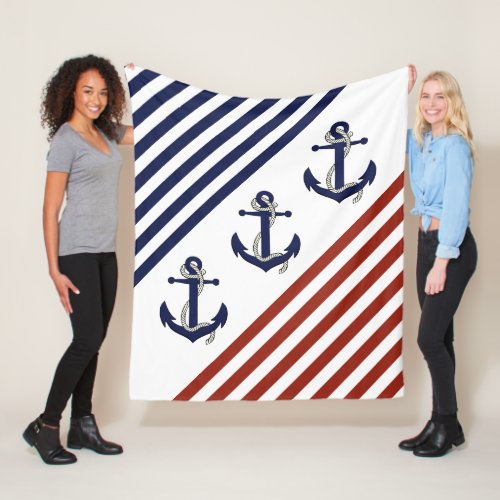 Nautical Boat AnchorNavy blueredwhite stripes Fleece Blanket