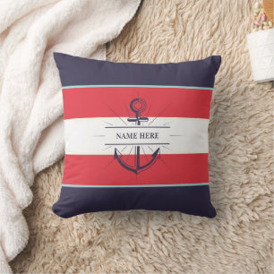 Nautical Boat Anchor Navy Blue Red White Throw Pillow