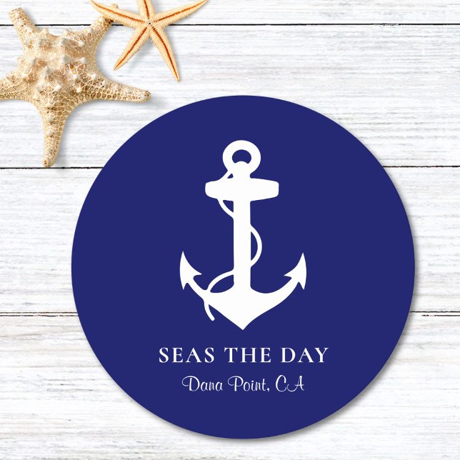 Nautical Boat Anchor Navy Blue Round Paper Coaster (Creator Uploaded)