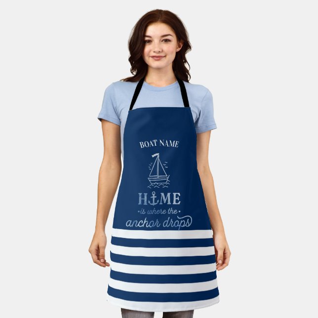 Nautical Boat Anchor Navy Blue Striped   Apron (Worn)