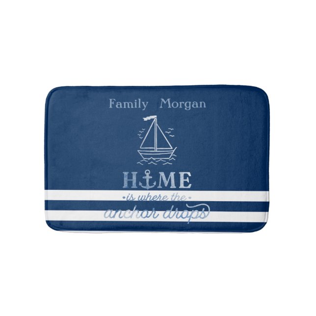 Nautical Boat Anchor  Navy Blue Striped Bath Mat (Front)