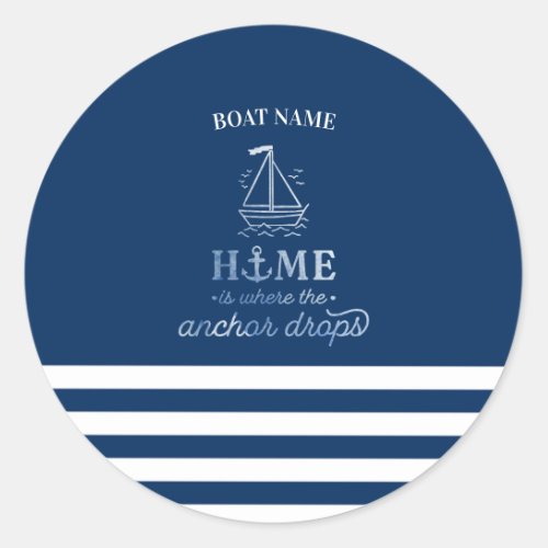 Nautical Boat Anchor Navy Blue Striped   Classic Round Sticker