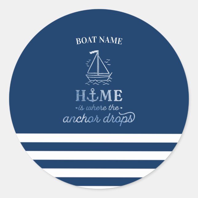 Nautical Boat Anchor Navy Blue Striped   Classic Round Sticker (Front)