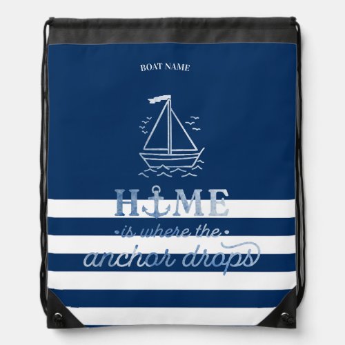 Nautical Boat Anchor Navy Blue Striped   Drawstring Bag