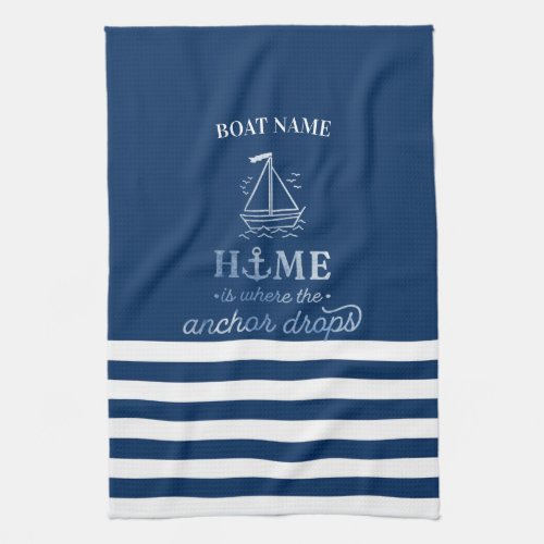 Nautical Boat Anchor Navy Blue Striped   Kitchen Towel