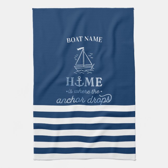 Nautical Boat Anchor Navy Blue Striped   Kitchen Towel (Vertical)
