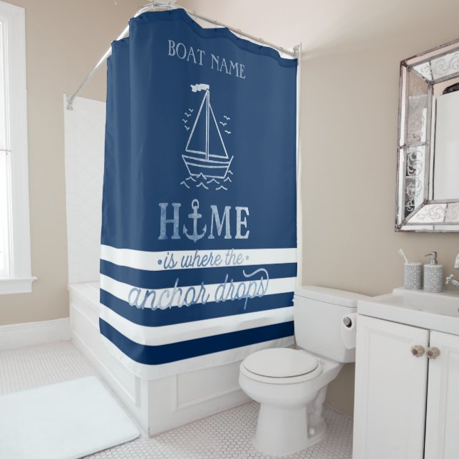 Nautical Boat  Anchor  Navy Blue Striped Shower Curtain (In Situ)