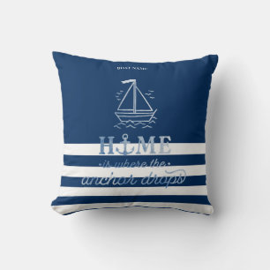 Nautical Boat Anchor Navy Blue Striped Throw Pillow