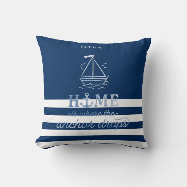 Nautical Boat Anchor Navy Blue Striped   Throw Pillow (Front)