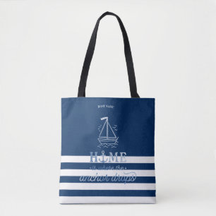 Nautical Boat Anchor Navy Blue Striped Tote Bag