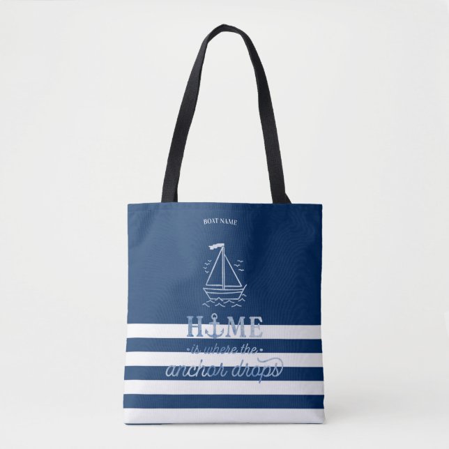 Nautical Boat Anchor Navy Blue Striped   Tote Bag (Front)