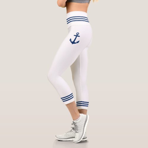 Nautical Boat Anchor Navy Blue White Stripe Capri Leggings