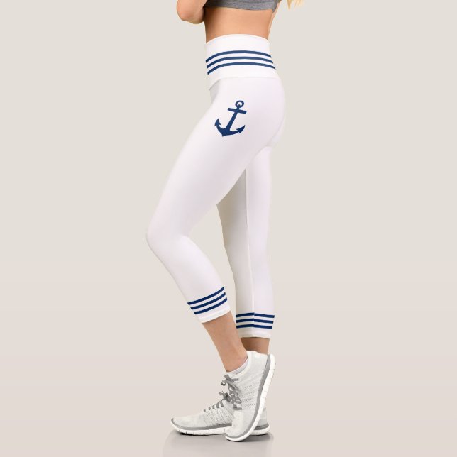 Nautical Boat Anchor Navy Blue White Stripe Capri Leggings (Left)