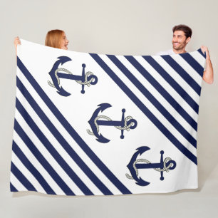 Nautical Boat Anchor/Navy blue/white stripes Fleece Blanket
