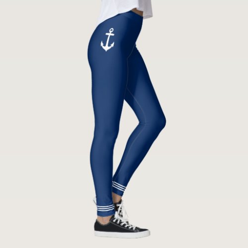 Nautical Boat Anchor Navy Blue White Stripes Leggings