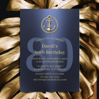 Nautical Boat Anchor Navy & Gold 80th Birthday Invitation