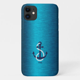 Nautical boat anchor on a blue metallic texture iPhone 11 case